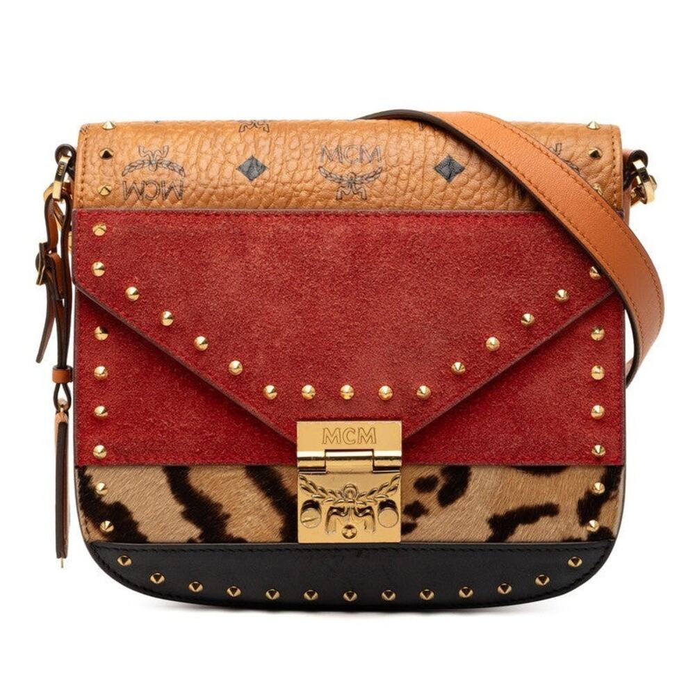 MCM Visetos Monogram Leopard Studded Suede Pony Hair Shoulder Bag Brown